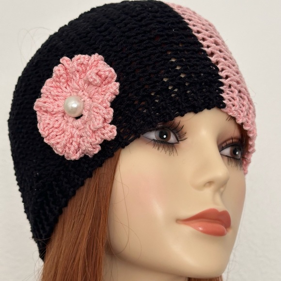 Hand Knits 2 Love Headband Bandana Headwrap Flower Pearls Designer Black Pink main image 9